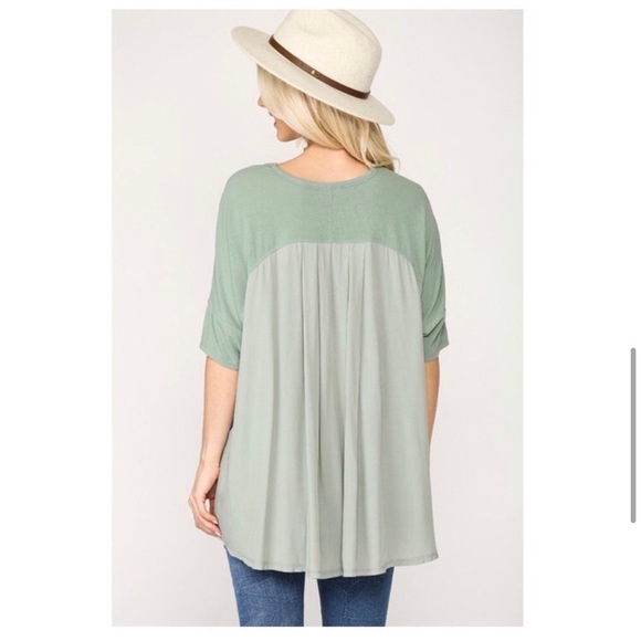 Green V Neck High Low Blouse - Picture 6 of 7